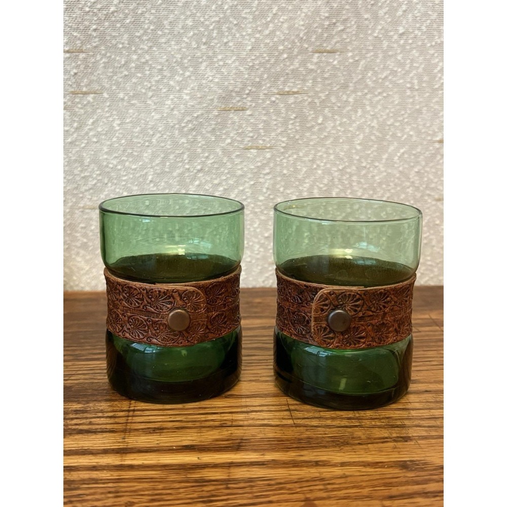 Vintage Green Glass Tumblers Set of 2 Embossed Leather Wrap Barware 3 Inch